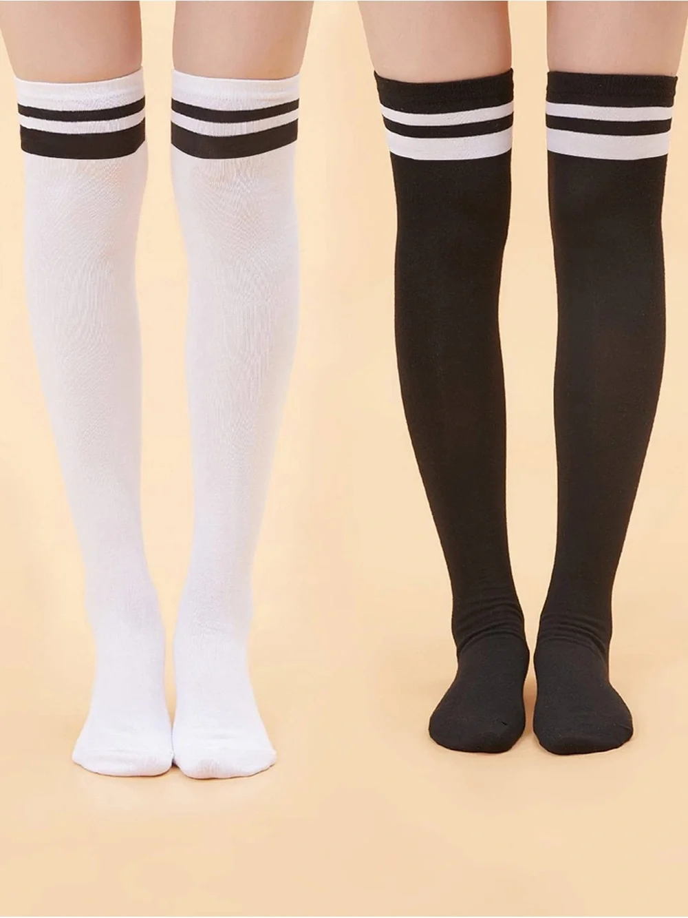 2 Pair Emo Punk Goth Alternative Over-the-Knee Athletic Stripe Socks Black White